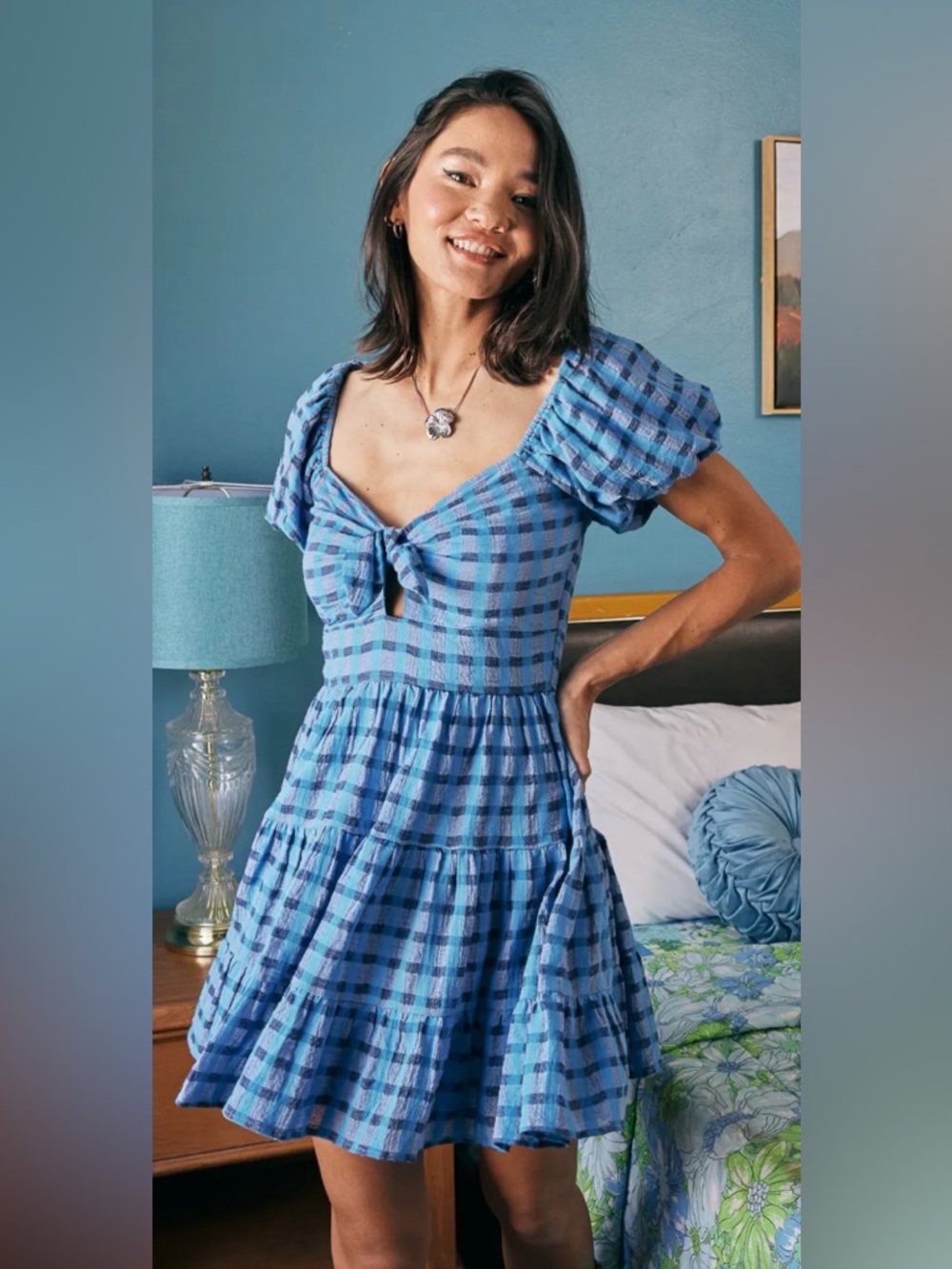 Trixxi Blue Gingham Tie-Front Mini Dress